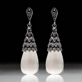 Marcasite & Cat's Eye Sterling Silver Earrings