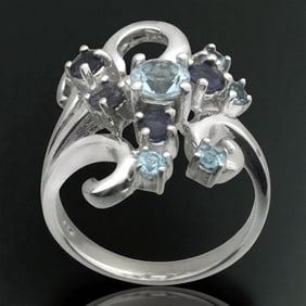 Blue Topaz & Iolite Scroll Sterling Silver Ring - Size 7