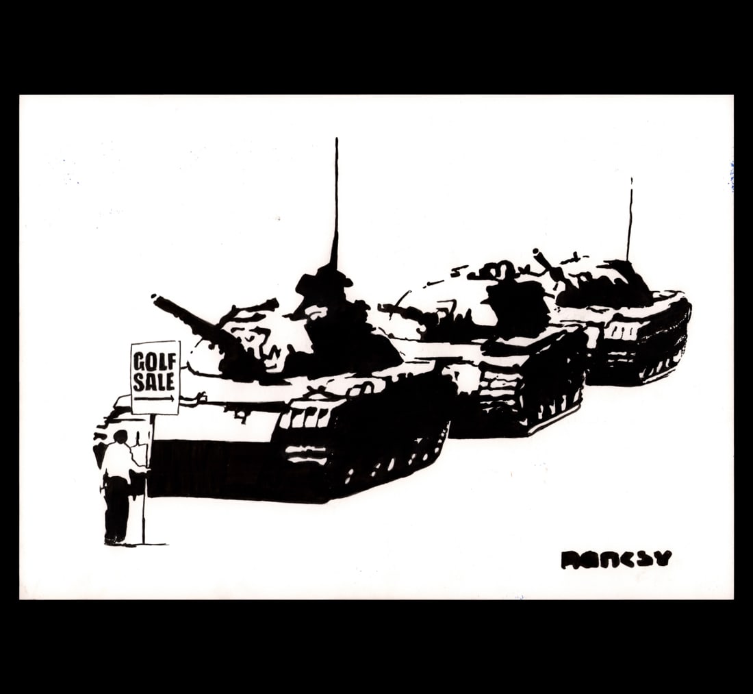 Banksy, "Golf Sale": Title: Banksy-Inspired Mixed Media Marker Drawing - "Golf Sale" Description: An evocative and poignant piece, this mixed media marker drawing mirrors the audacious brilliance associated with Banksy's 