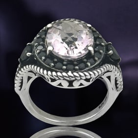 Pink Amethyst & Black Spinel Halo Sterling Silver Ring - Size 7.25