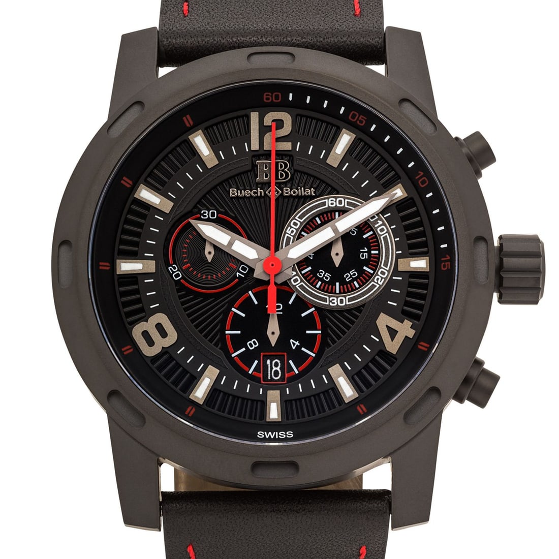 Buech & Boilat Baracchi Swiss Chronograph Watch: The Baracchi is a testament to Swiss engineering, powered by the renowned Ronda 5030.D chronograph movement. Housed in a robust 46mm 316L stainless steel case with a matching bezel and buckle, it feat