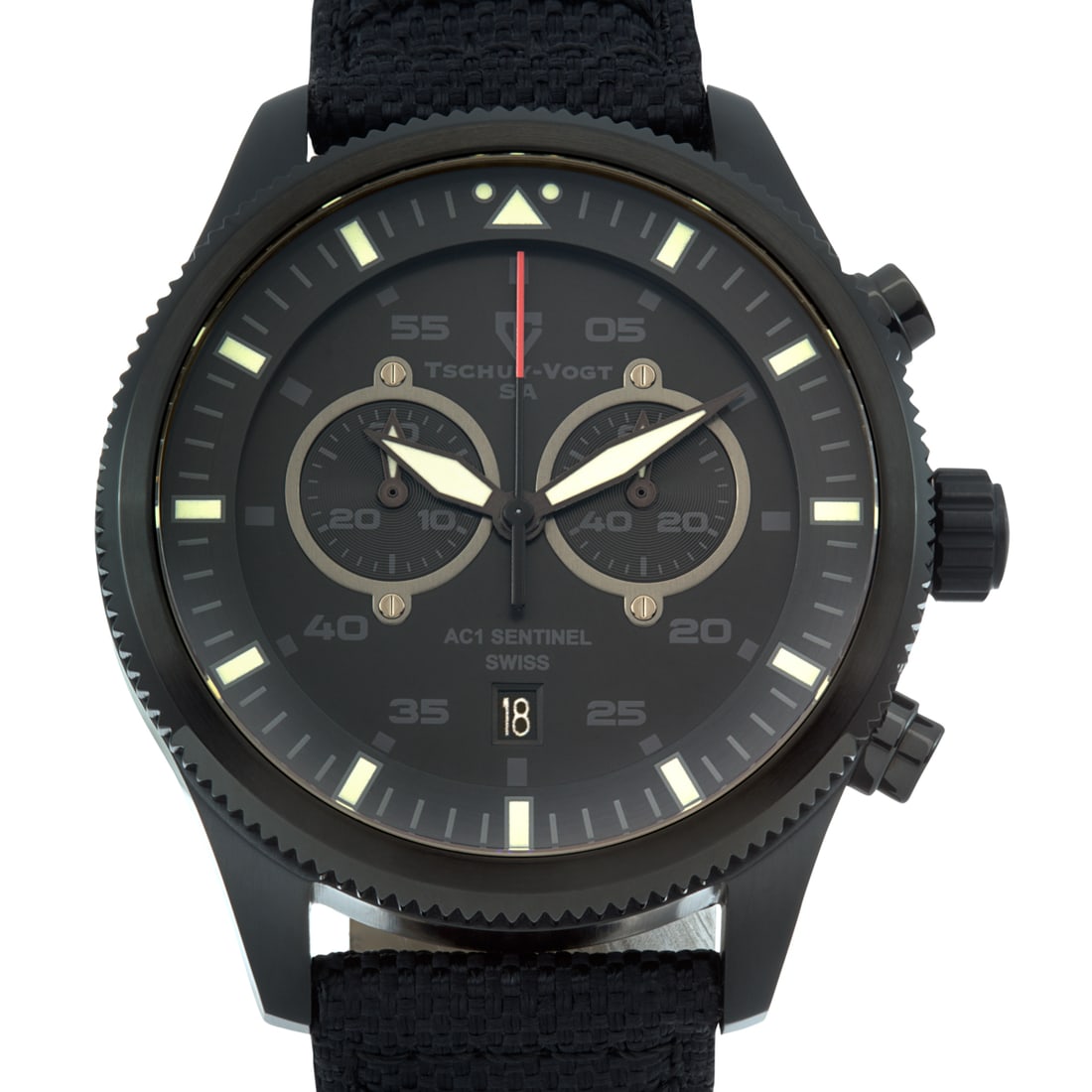 Tschuy-Vogt 45mm Case Sentinel Swiss Quartz Watch: This Swiss-engineered chronograph is powered by a Ronda Startech Caliber 5021.D movement, delivering precision and durability. It features an anti-reflective, scratch-resistant sapphire crystal and a