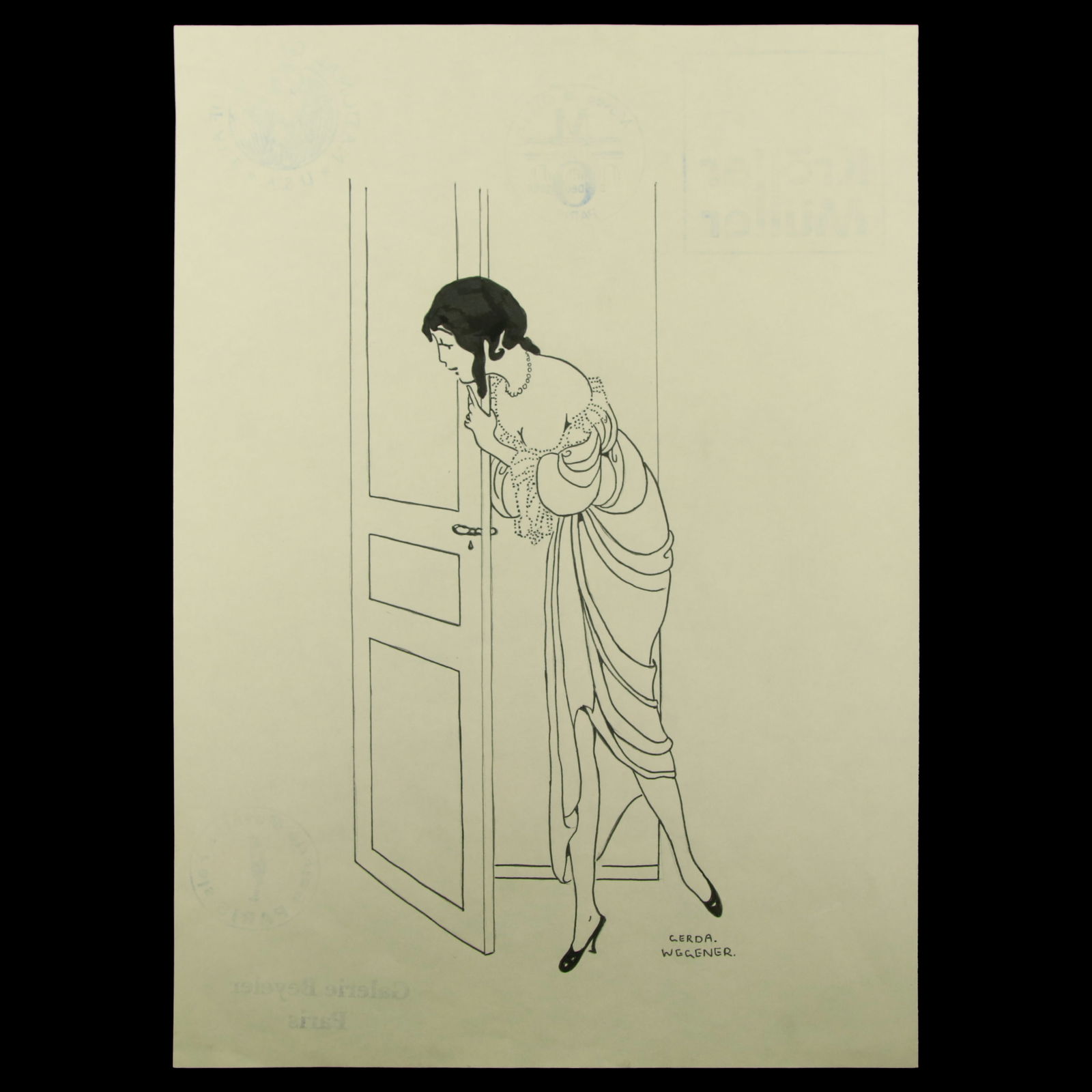 Gerda Wegener Elegant Woman at the Doorway Mixed Media on Paper: Title: Gerda Wegener (Attributed) – Elegant Woman at the Doorway Mixed media on paper Details: Signed: “Gerda Wegener” in black, lower right Dimensions: 11.75 x 8.5 inches (sheet) Verso: Mar
