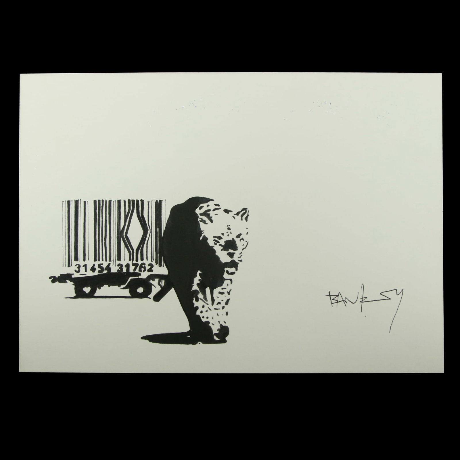 Banksy (After/Attributed) – "Laugh Now" Chimpanzee with Sandwich Board: Title: Banksy (After/Attributed) – "Laugh Now" Chimpanzee with Sandwich Board Mixed Media on Paper Details: Dimensions: 11.75 x 8.25 inches Signature: "Banksy" in black, bottom right Verso: Stamps: 