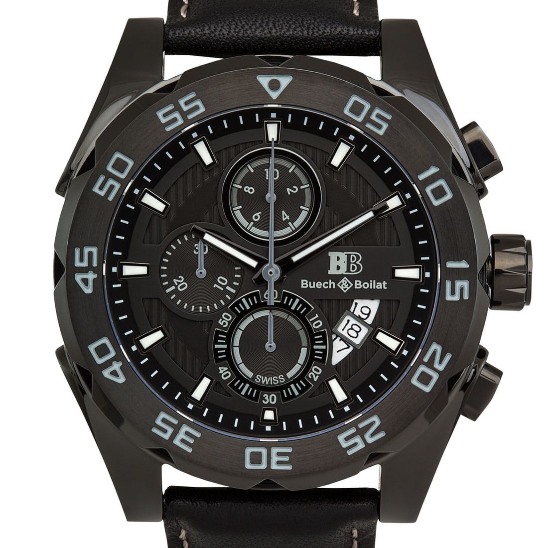 Buech & Boilat Torrent Swiss Chronograph – 44mm: The Buech & Boilat Torrent showcases bold design and precision craftsmanship, powered by a Swiss Ronda 3540.D chronograph movement. Its 44mm solid 316L stainless steel case is paired with a scratch-re