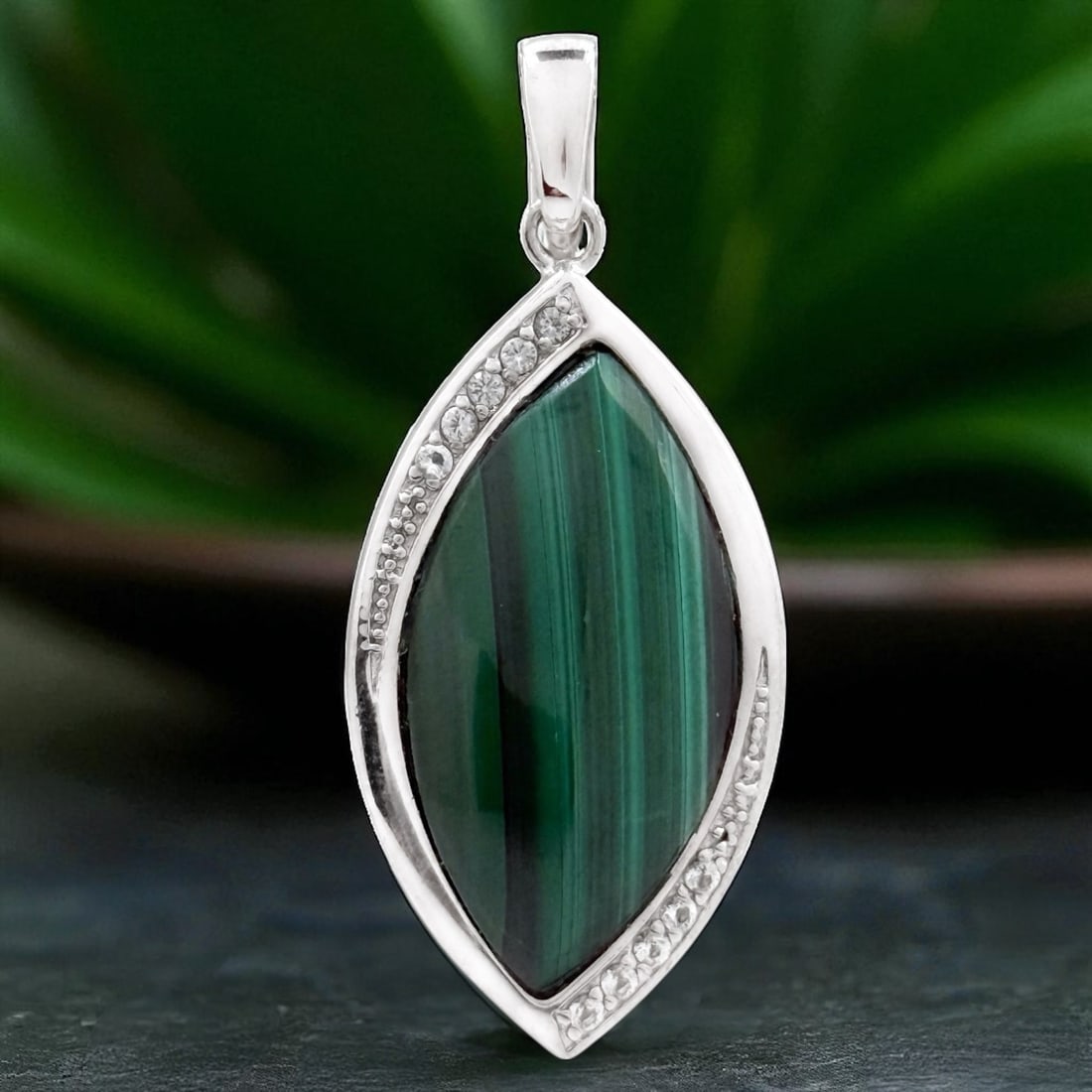Banded Vivid Green Malachite & White Topaz Silver Pendant (1 of 1)