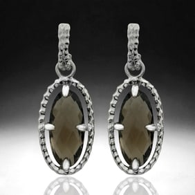 Checkerboard Oval Smoky Quartz SS Dangle Earrings