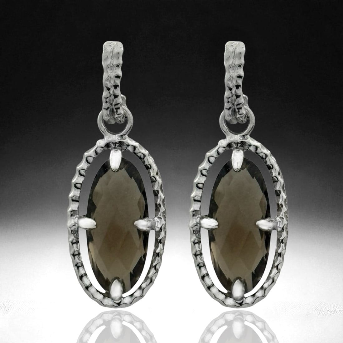 Checkerboard Oval Smoky Quartz SS Dangle Earrings (1 of 1)