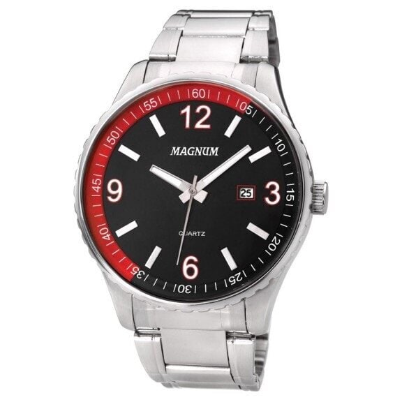 Magnum: 42MM Sport Watch: Introducing Magnum: 42MM stainless steel case in silver, black dial, and precise analog mechanism powered by a reliable battery. Water-resistant up to 100M, with a stylish silver stainless steel strap