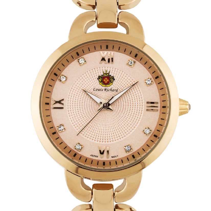 Louis Richard Felina Ladies Watch: With its multi.textured dial design and Czech crystal hour markers, this watch will always be your first choice. The polished link bracelet gives an elegant finish to this wonderful watch! Hands: Lumi