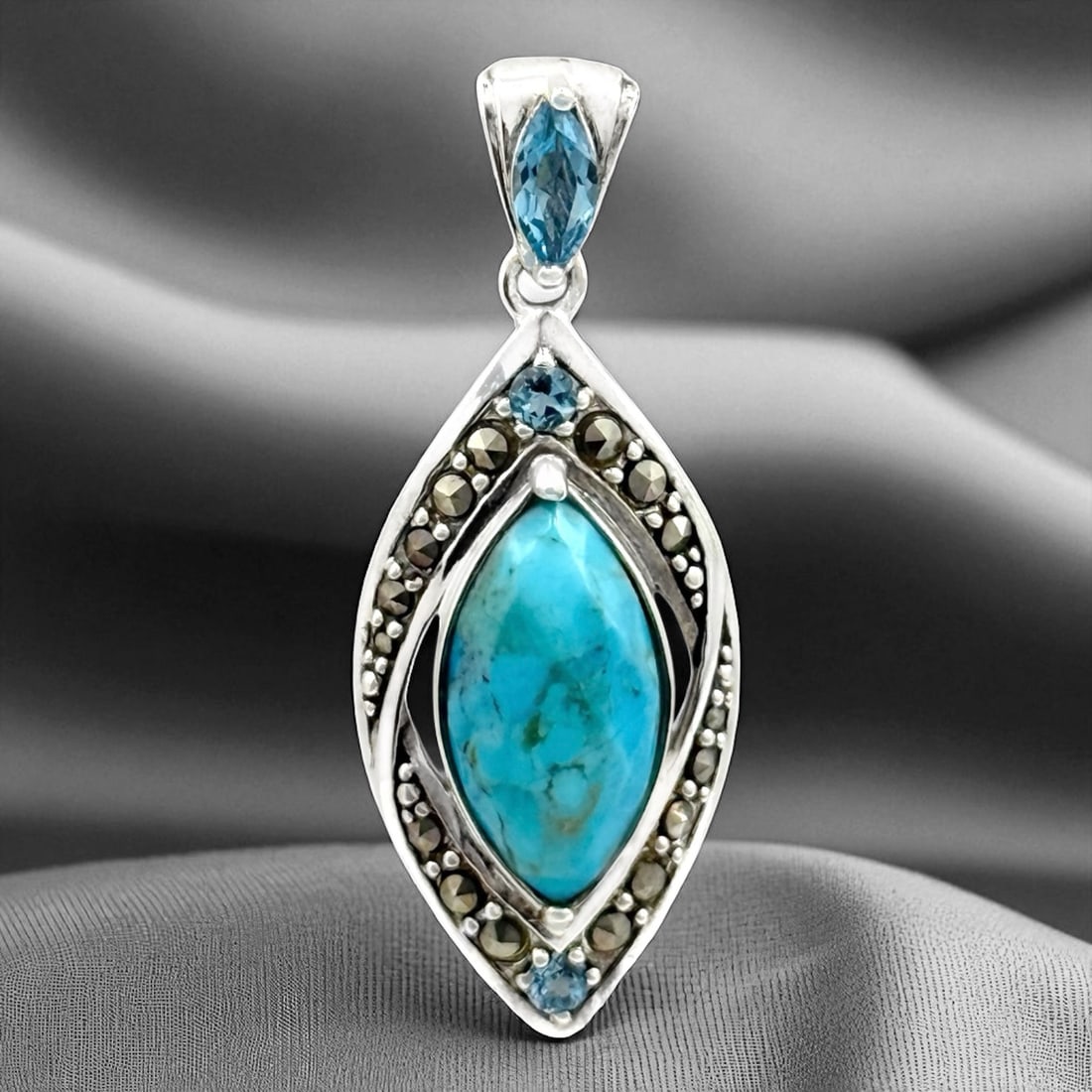 Marquise Shape Turquoise, Blue Topaz, & Marcasite Silver Pendant (1 of 1)