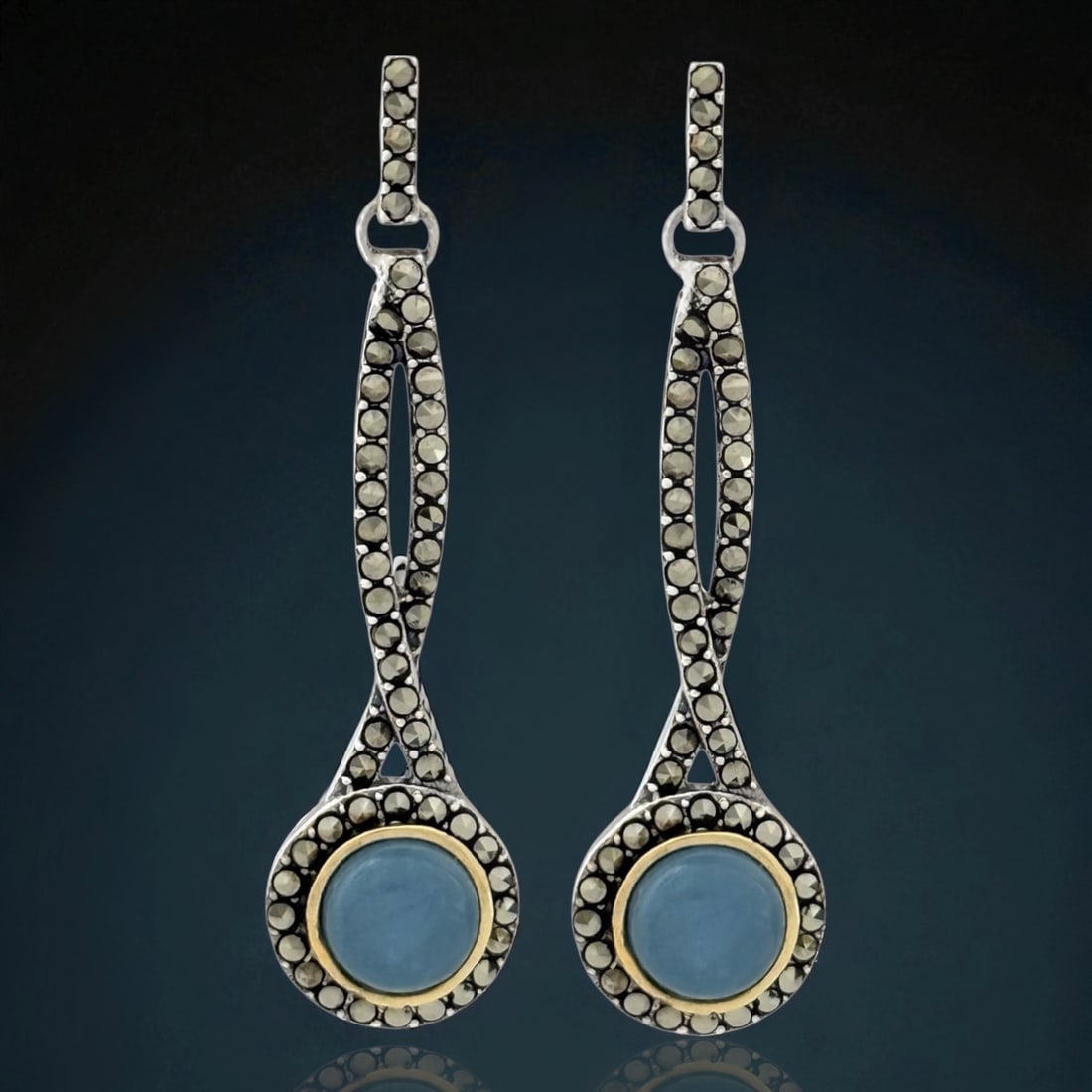 14K & SS Milky Aquamarine & Marcasite Linear Dangle Earrings (1 of 1)