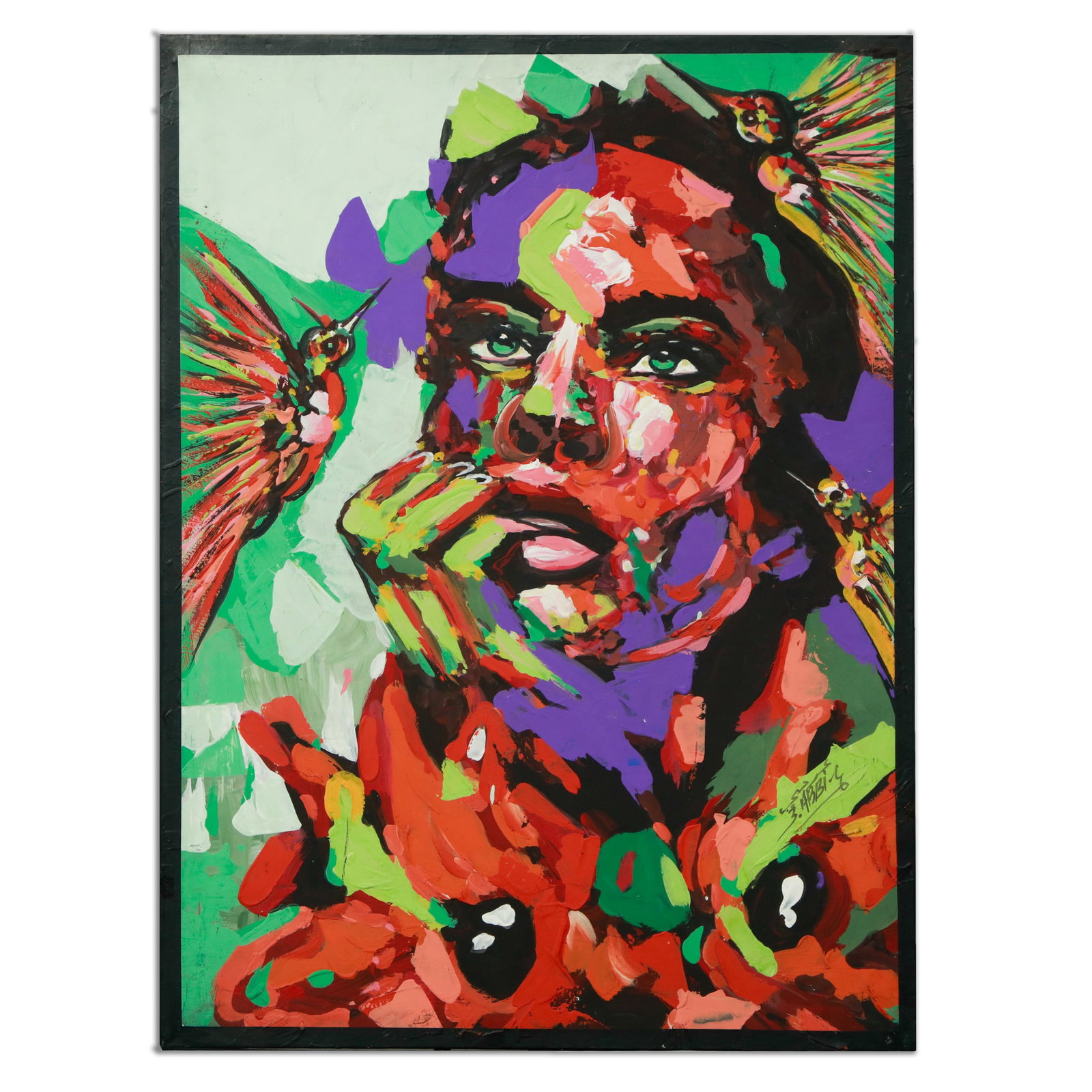 Acrylic on Canvas "Contemplation" by the renowned artist 3 Arbi Art: Description: A striking and evocative acrylic on canvas titled "Contemplation" by the renowned artist operating under the pseudonym 3 Arbi Art, measures 20 x 15 inches. This vibrant work showcases a c