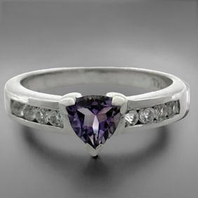 Trillion Amethyst Sterling Silver Ring & White Topaz - Size 7
