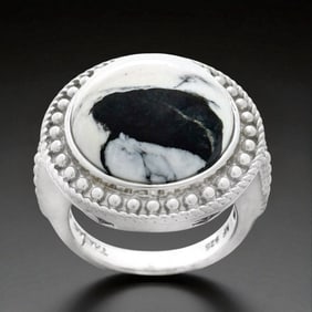 Striking Round White Buffalo Sterling Silver Ring - Size 7