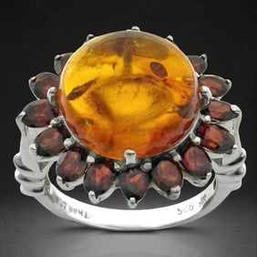 Baltic Amber & Garnet Sterling Silver Ring - Size 8