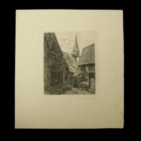 Fine Etching Attributed to F. Meinmann: "Old Township View with Cobblestone Path"
