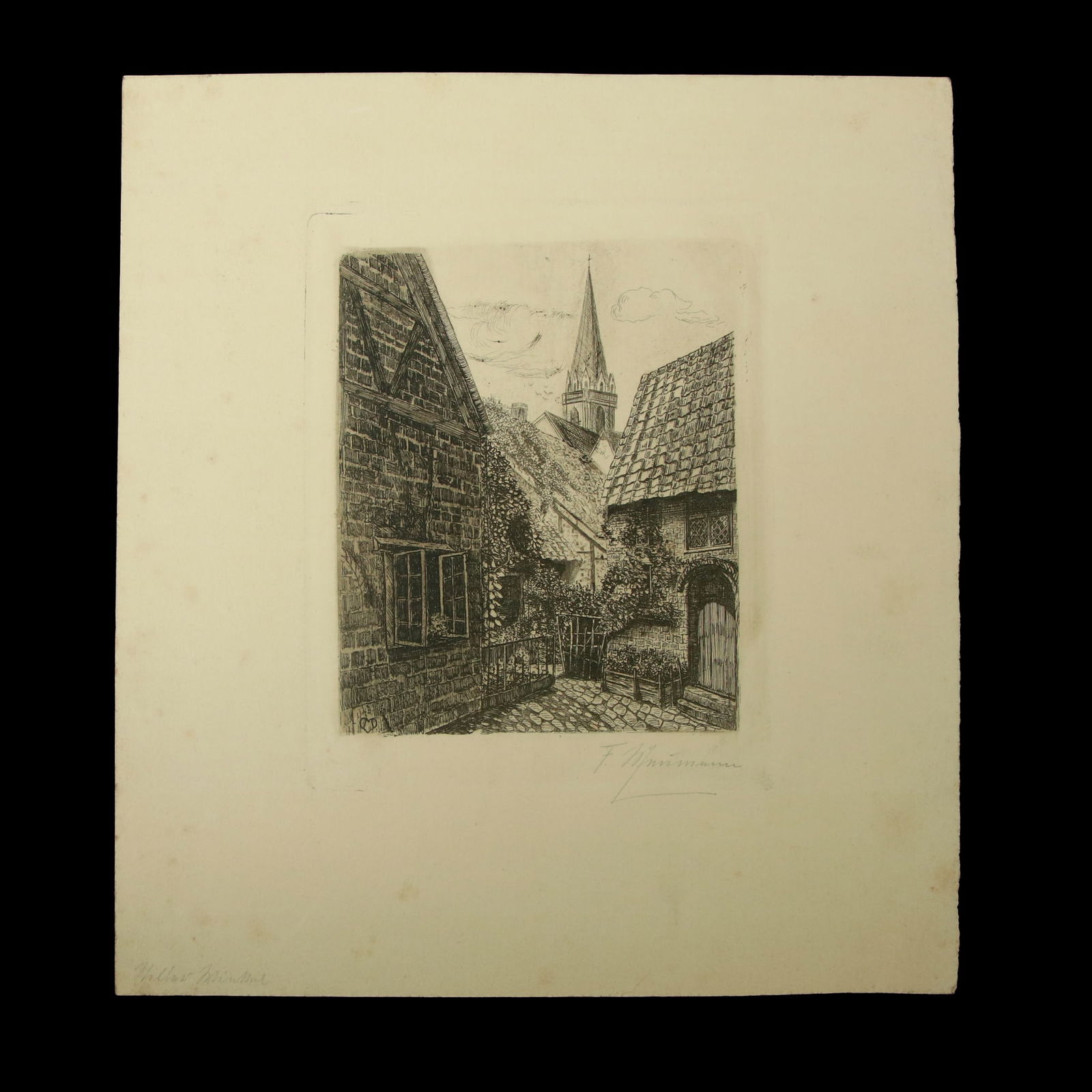 Fine Etching Attributed to F. Meinmann: "Old Township View with Cobblestone Path": Title: Fine Etching Attributed to F. Meinmann: "Old Township View with Cobblestone Path" Details: Etching size: 5.25 x 4.25 inches; Sheet size: 9.75 x 9 inches Medium: Etching on paper Condition: Very