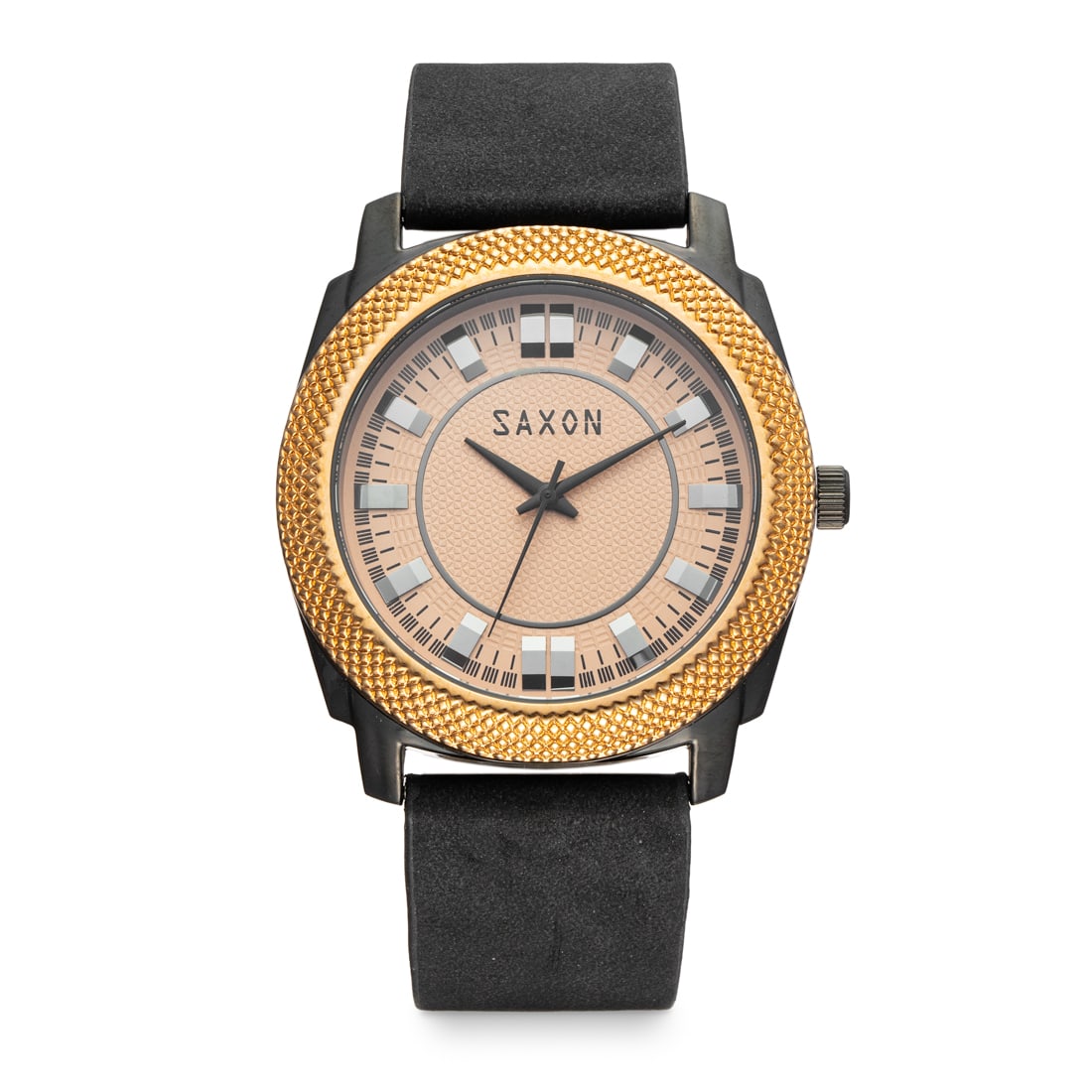Saxon Men’s Watch – Modern Rose Goldtone & Black: The Saxon Men’s Watch presents a sophisticated design with a 45mm rose gold and black-tone case, enhanced by a black sueded vinyl band. The black dial adds depth and style, while the 30-meter wa