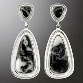 Striking Black & White Buffalo Drop Dangle Silver Earrings