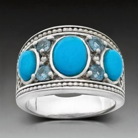 Sleeping Beauty Turquoise & Blue Topaz Silver Ring - Size 7