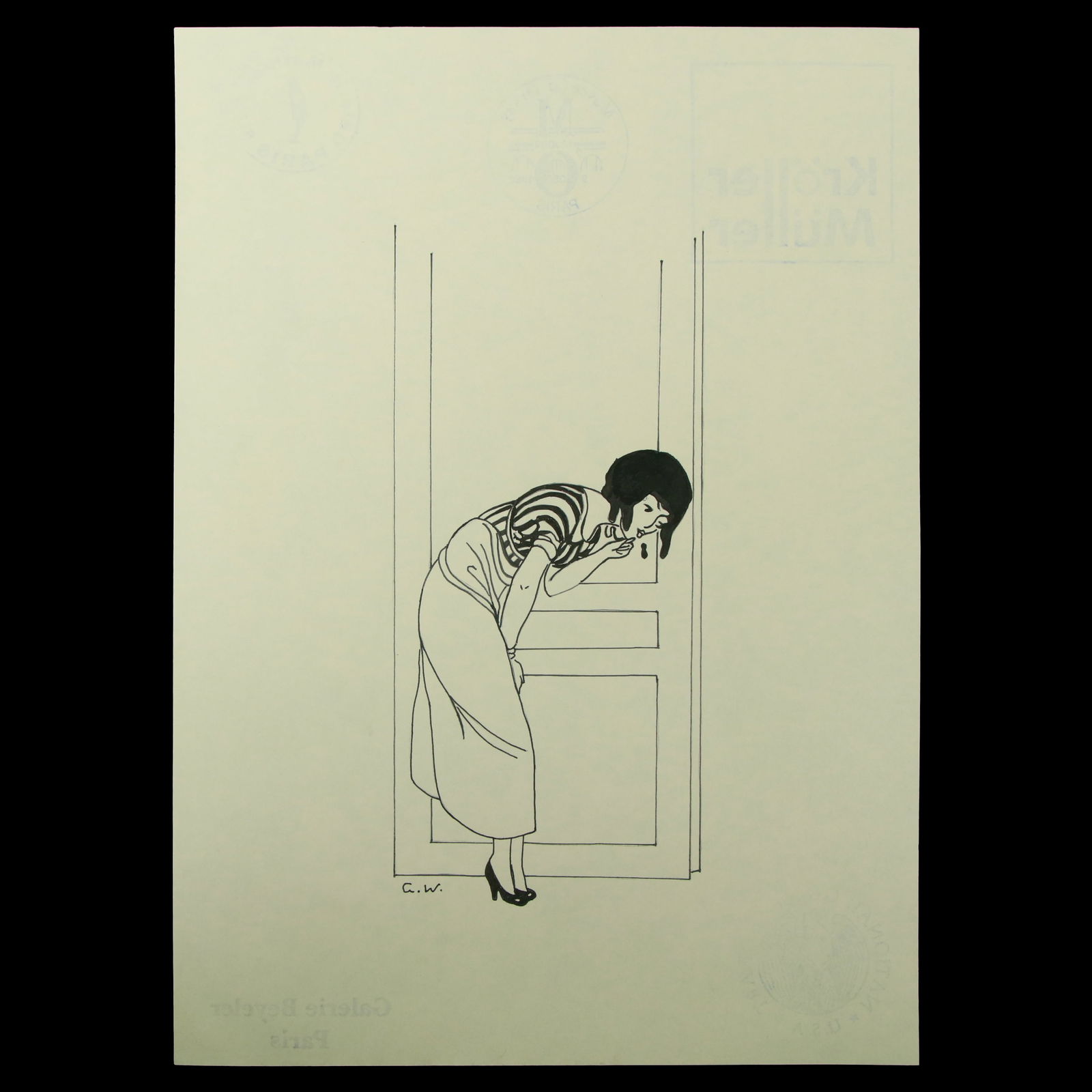 Gerda Wegener "Eavesdropping by the Door" Mixed Media on Paper: Title: Gerda Wegener (Attributed) – "Eavesdropping by the Door" (c. 1920s-1930s) Mixed media on paper Details: Signed: “Gerda Wegener” in black ink, lower right Dimensions: 11.75 x 8.5 inche