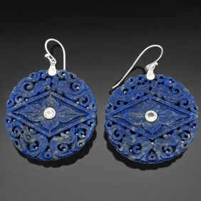 Carved Lapis Disc Dangle Sterling Silver Earrings