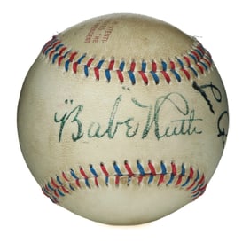 Historic Dual-Colored String Official American League Reach Baseball Signed by Babe Ruth and Lou