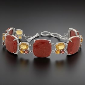 Coral Sterling Silver Bracelet Citrine & Garent Gems - 7" up to 7.75"