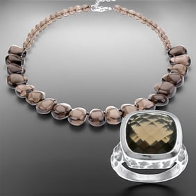 Sterling Silver Set: Smoky Quartz Bead Necklace & Ring Size 8