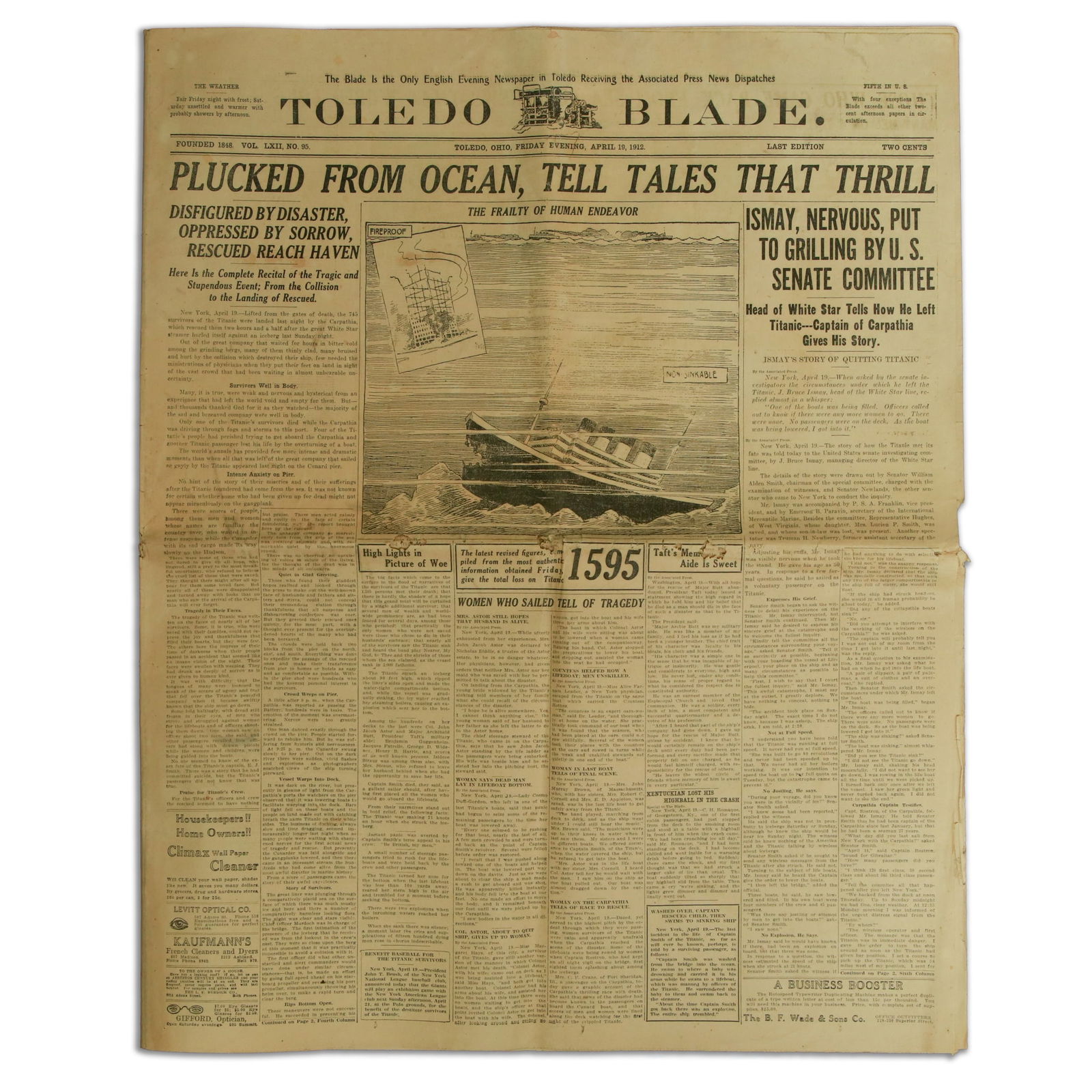 Historic Toledo Blade Newspaper Featuring Titanic Disaster Reports - April 19, 1912 (1 of 18)