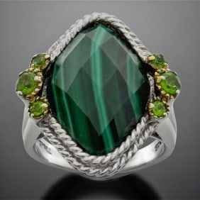 Deep Green Malachite & Chrome Diopside Silver Ring - Size 7
