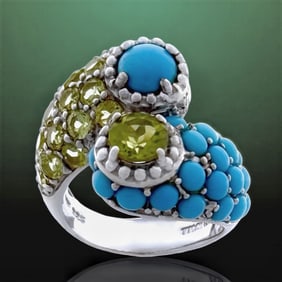 Sleeping Beauty Turquoise & Peridot Bypass Ring - Size 6.25