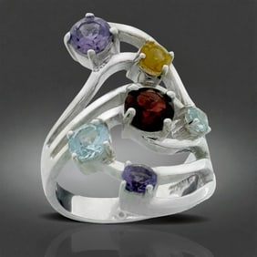 Multi Colored Gemstone Sterling Silver Wave Ring - Size 7