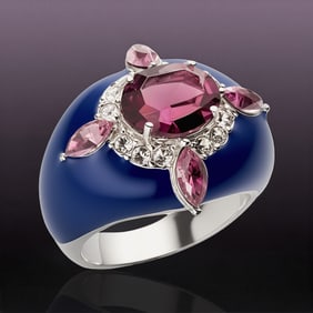 Sterling Silver Enamel Dome with Swarovski elements Ring - Size 8