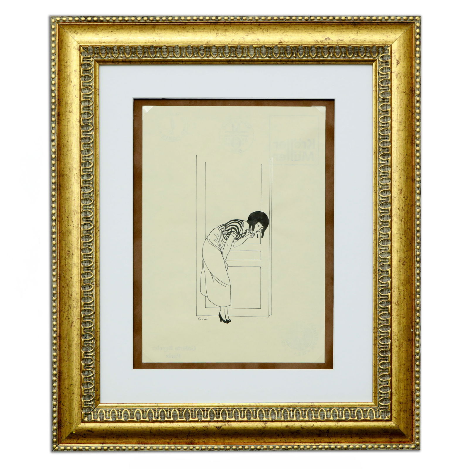 Gerda Wegener "Eavesdropping by the Door" Mixed Media on Paper: Title: Gerda Wegener (Attributed) – "Eavesdropping by the Door" (c. 1920s-1930s) Mixed media on paper Details: Signed: “Gerda Wegener” in black ink, lower right Dimensions: 11.75 x 8.5 inche