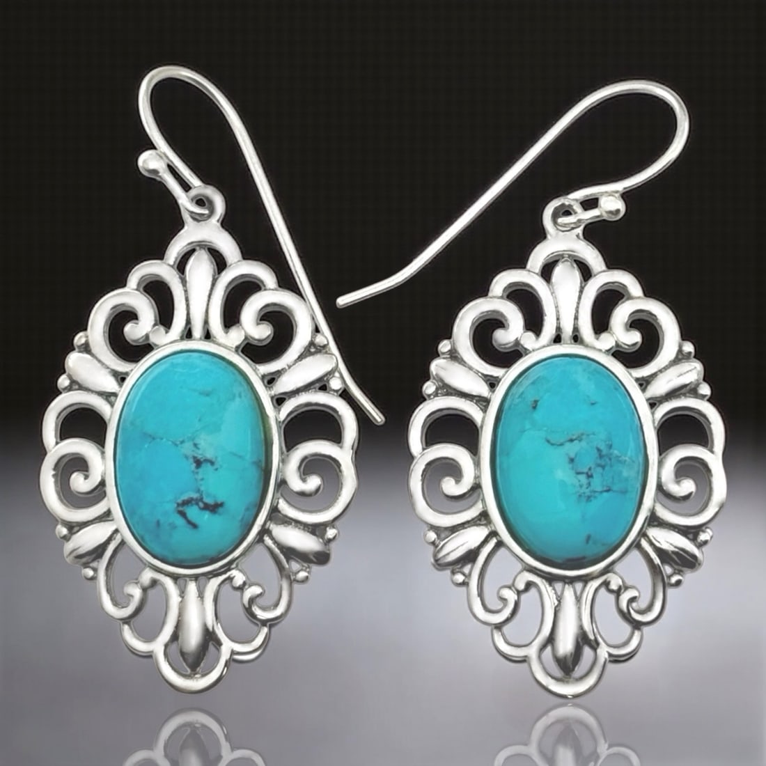 Scrollwork Design Turquoise Sterling Silver Dangle Earrings (1 of 1)