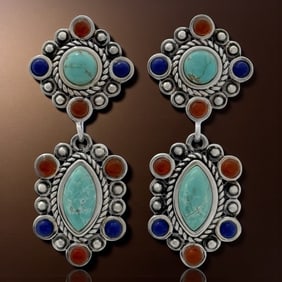 Southwestern Design Turquoise Elongated Dangle Silver Earrings