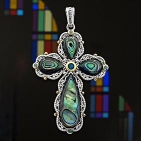 Ornate Shimmering Abalone & Blue Topaz Silver Cross Pendant