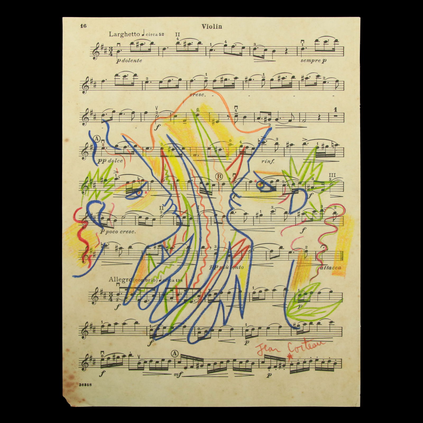 Jean Cocteau Doodle on Sheet Music: "Dual Serenade": Title: Jean Cocteau Doodle on Sheet Music "Dual Serenade" Overview: Medium: Drawing on Sheet Music Dimensions: 11.25 x 8.5 inches Estimated Auction Value: $25,000 - $50,000 Provenance: Consigned by a