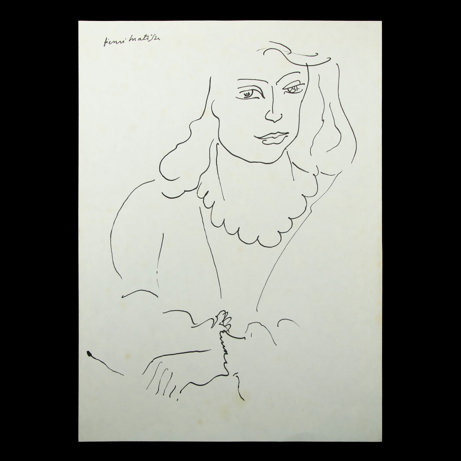 Henri Matisse Drawing of Woman with Lace Collar: Title: Henri Matisse Woman with Lace Collar Overview: Artist: Attributed to/After Henri Matisse Medium: Pen Drawing on Paper Dimensions: 10.5 x 7.75 inches Signature: Signed "Henri Matisse" on the top