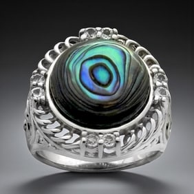 Abalone Sterling Silver Ring adorned with White Topaz - Size 6.25