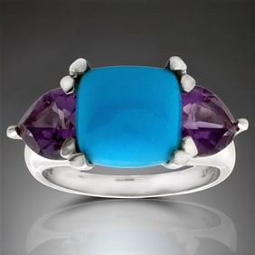 Cushion Cut Turquoise & Trillion Amethyst Three Stone Ring Sz-7