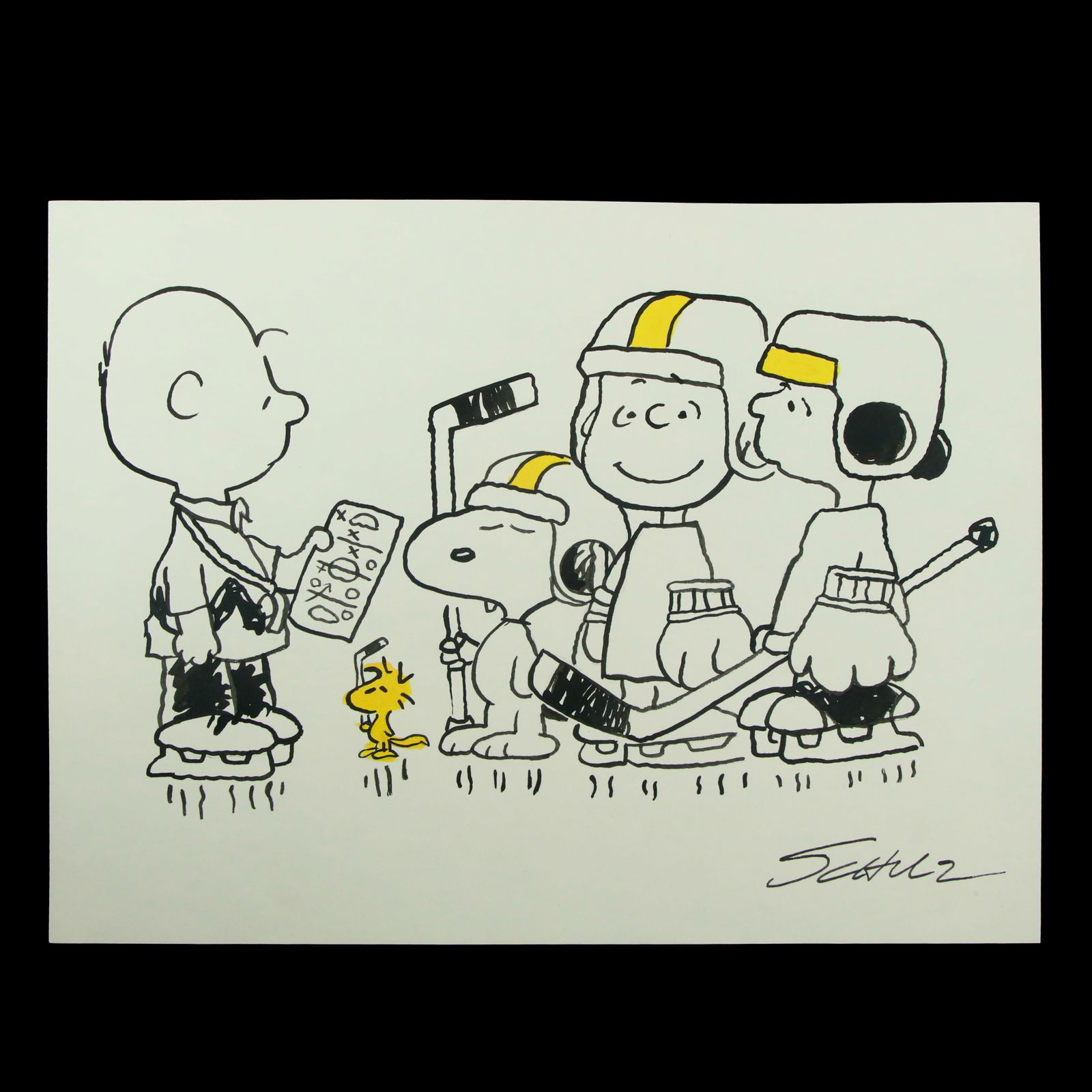 Charles Schulz Charlie Brown and Friends Ice Skating: Title: Charlie Brown and Friends Ice Skating. Overview: Artist: Attributed to/After Charles Schulz. Medium: Print Signature: "Schulz" on bottom right in black Provenance: Back stamped with "Charles M.
