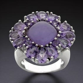 Purple Jade & Amethyst Floral Motif Statement Ring Size-6