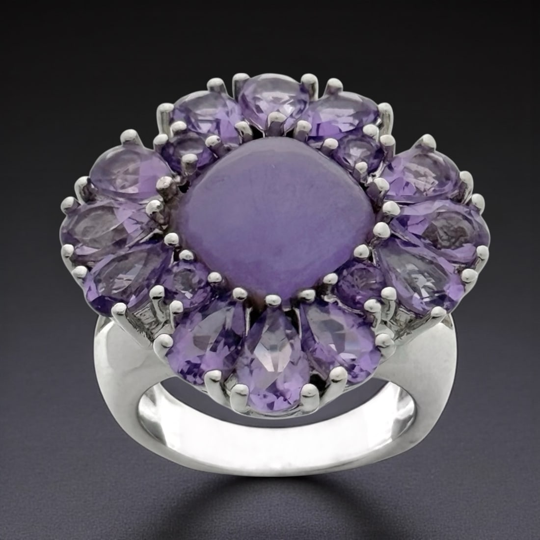 Purple Jade & Amethyst Floral Motif Statement Ring Size-6 (1 of 1)