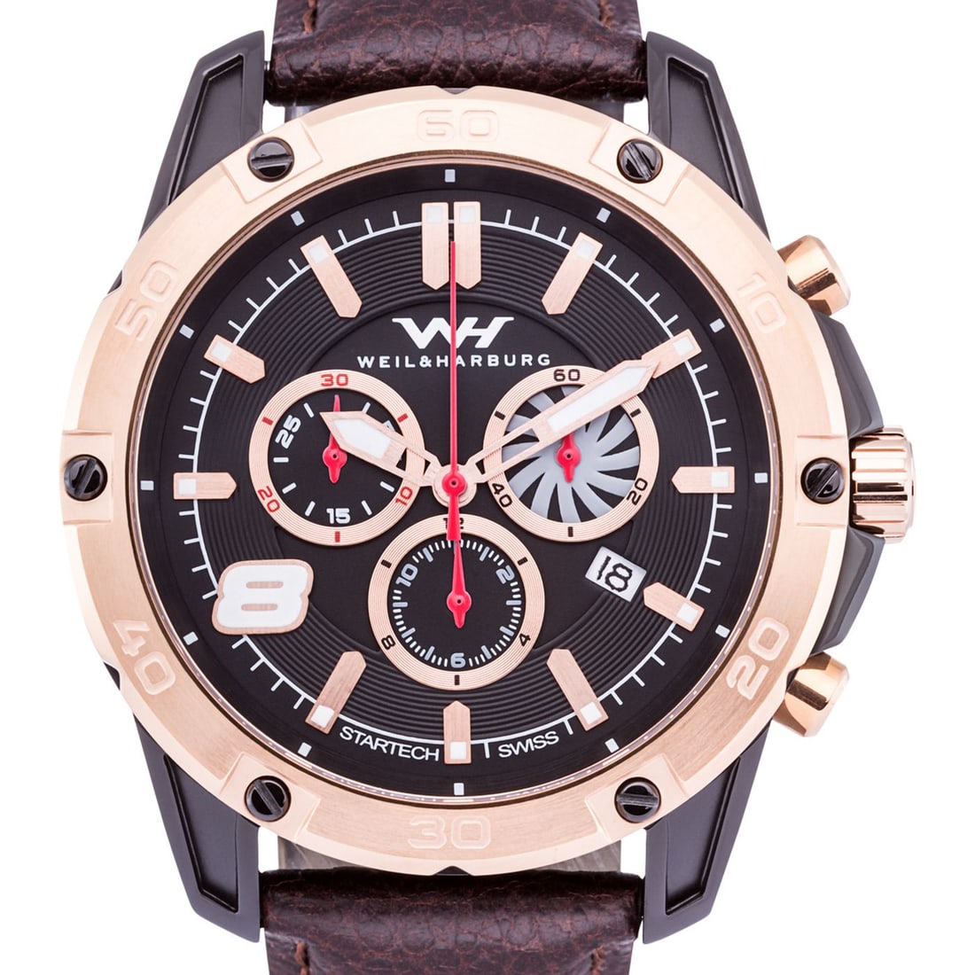 Weil & Harburg Huxley Swiss Chronograph Watch: The Weil & Harburg Huxley Swiss Chronograph blends sophistication with precision engineering. Powered by a Swiss chronograph movement, this timepiece features a goldtone bezel that frames a richly det