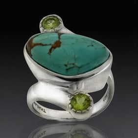 Asymmetrical Design Turquoise & Peridot Silver Ring - Size 6
