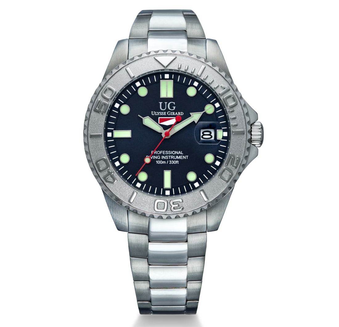 Ulysse Girard Shark Watch - Blue Dial and Stainless Steel: The Ulysse Girard Watch Shark Collection. Its striking blue dial and stainless steel bezel create a captivating contrast, housed in a robust stainless steel case and a stainless steel bracelet. Key Fe