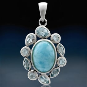 Multi Shape Blue Topaz & Larimar Sterling Silver Oval Pendant